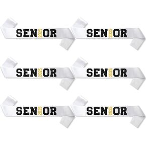 6Pcs White Senior 2025 Satin Sashes with Black Gold Glitter Letters Senior 2025 Decorations- 2025 Graduation Celebrations Sashes - Senior Cheer Sash - Cheerleader Sash - Class Competition Sashes