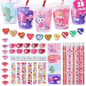 Valentines Day Gifts for Kids Classroom 28 Pack Valentines Day Cards for Kids School Exchange, 224PCS Stationery Set with Cups Party Favors Valentines Day Goodie Bag Stuffers Boys Girls