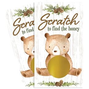 DISTINCTIVS Woodland Bear Baby Shower Scratch Off Party Game, We Can Bearly Wait Gender Reveal Party Activity - 28 Cards