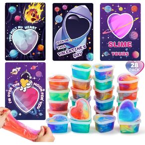 28PCS Kids Valentines Day Cards for Kids Classroom School Exchange, Valentines Cards with Slime Bulk, Valentine Cards Gifts for Kids Classroom School, Valentines Day Gifts for Kids