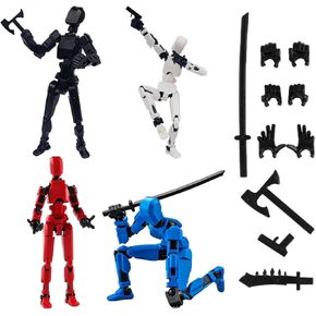 4PCS T13 Action Figures Set Lucky 13 Action Figure Multi-Jointed Movable Toy for Kids(DIY Black-White-red-Blue)