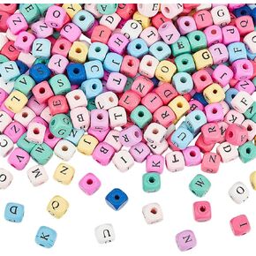 PH PandaHall 1060pcs 10mm Alphabet Wooden Beads Random Natural Square Wooden Beads 3~4mm Hole Wooden Loose Beads with Initial Letter Cube Beads Letter Beads for Jewelry Making and DIY Projects