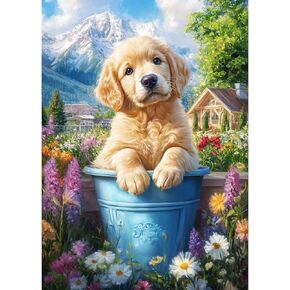 MEIYUDA Dog Diamond Painting Kits for Adults, DIY Flowers Cute Dog Diamond Art Kits for Adult Beginners, 5D Landscape Round Full Drill Gem Art Crafts for Home Wall Decor Present 12x16inch