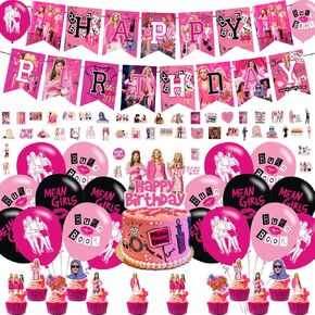 Mean Girl Party Decorations ، Supplies Farty Party Forms for Mean Girl Party Supplies تشمل لافتة - كعكة Topper - 12 قبعات كب كيك - 18 بالونات -50 ملصقات فتاة متوسط