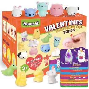 30 Pack Valentines Day Gift Cards with Mochi Squishy Toys Set for Kids, Valentine's Greeting Cards with Animals Squishies Toys Valentine School Classroom Exchange Prizes (mochi squishy)