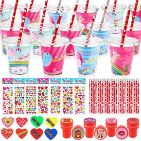 Valentines Day Gifts for Kids - 28 Packs Valentines Stationery with Cards and Cups, Valentines Gift Exchange Classroom Prize Rewards Party Favors Toys
