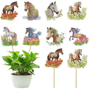 KAPOAOAO 8Pcs Horse Diamond Art Painting Kits for Garden Stakes Decor Set Flower Horse Diamond Art Gem Mosaics Rhinestone Painting by Numbers for Adults DIY Handmade Crafts Garden Home Decoration