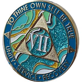 7 Year AA Medallion Elegant Marble Caribbean Aqua Glitter Blue Gold Plated Chip