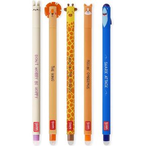 LEGAMI - Set of 5 Erasable Gel Pens with Thermosensitive Erase Ink, Range of ink colours & barrel designs, 0.7mm Tip, Bunny, Lion, Giraffe, Corgi, & Shark
