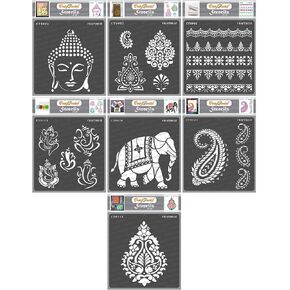 CrafTreat Reusable Indian Stencils for Painting on Wood, Wall, Tile, Canvas, Paper and Floor - Indian Theme Bundle - 7 Pcs - 6x6 Inches Each - DIY Art and Craft Stencils - Indian Decor Stencils