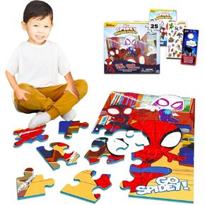 Spidey and His Amazing Friends Floor Puzzle Set - Bundle with 25 Piece Spiderman Foam Puzzle Plus Stickers, Tattoos, More | Spidey and Friends Jigsaw Puzzle for Kids