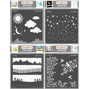 CrafTreat Reusable Stencils for Painting on Wood, Canvas, Paper, Fabric, Floor, Wall and Tile - Clouds and Stars, Starry Sky, Landscapes, Leaves and Branch - 4 Pcs - 6x6 Inch - Art and Craft Stencils