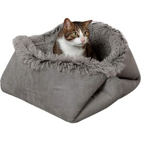 Furhaven Self-Warming Cat Bed for Indoor Cats, 4-Beds-in-1 & Washable - Plush Long Faux Fur Convertible Cuddler - Gray, Large, 35.5"L x 30.0"W x 0.5"Th