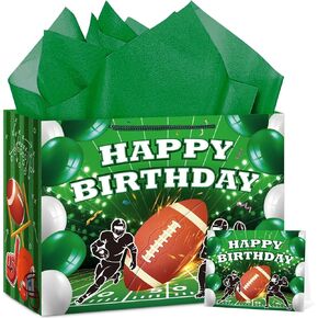 Abilat Football Happy Birthday Gift Bag with Tissue Paper and Greeting Card Large Football Party Favor Wrapping Bag for Boys Kids Sports Themed Birthday Party Supplies Goodie Treat Bags