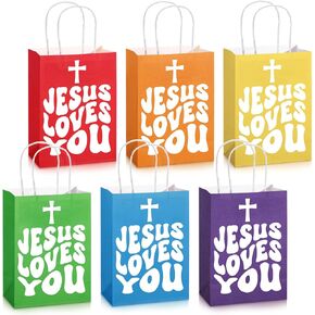 Kolldenn 24 Sets Jesus Loves You Gift Bags 6 Colors Christian Paper Gift Bags Religious Treat Bags Bible Verse Gift Bags with Handles Sunday School Inspirational Bags for Church Party First Communion