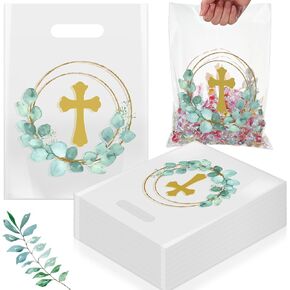Motipuns 100 Pieces First Communion Party Favors Bags Bulk Baptism Gift Bag with Handles Plastic Religious Party Clear Merchandise Bags Cross Baptism Candy Bags for First Communion Decoration