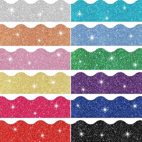 120 Pieces Glitter Bulletin Board Border Scalloped Border Trim Shiny Bulletin Poster Board Border Decoration Colorful Glitter Border Paper for School Classroom Office Party Wall Decor