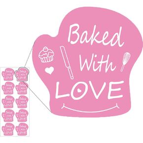 350 Pcs Baked with Love Stickers-Pink Color with Gloves Shape, 2×2 Size|Great Choice for Small Business, Baked Goods Packaging Food Stickers Cookie Thank You Heart