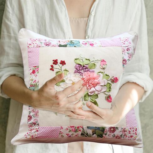 FONNUY Ribbon Pillow Case Embroidery Kit, Throw Pillow Cover, 3D Pre-Stamped Pattern Kits for Audlt Beginners, Blooming Flowers, 18 x 18'' (Pink) in Saudi Arabia