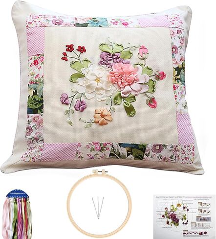 FONNUY Ribbon Pillow Case Embroidery Kit, Throw Pillow Cover, 3D Pre-Stamped Pattern Kits for Audlt Beginners, Blooming Flowers, 18 x 18'' (Pink) in Saudi Arabia