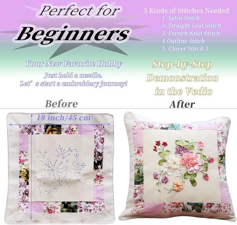 FONNUY Ribbon Pillow Case Embroidery Kit, Throw Pillow Cover, 3D Pre-Stamped Pattern Kits for Audlt Beginners, Blooming Flowers, 18 x 18'' (Pink) in Saudi Arabia