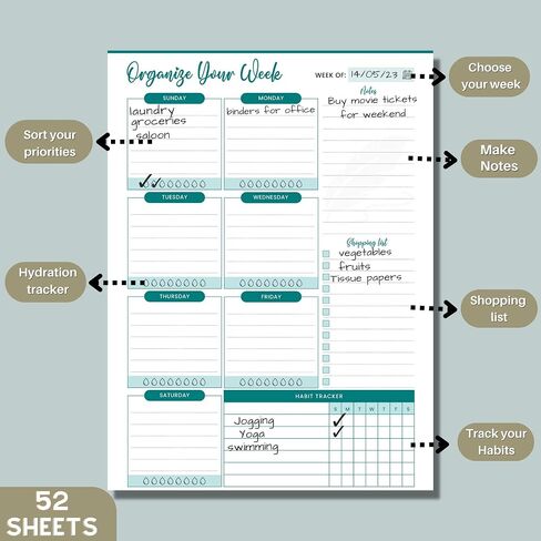 CrafTreat Undated Weekly Planner - 52 Sheet Productivity Task Organizer with ToDo List, Checklist Notepad Planner for Weekly & Monthly Goal Setting, Habit Tracking & Work Organization in Kuwait