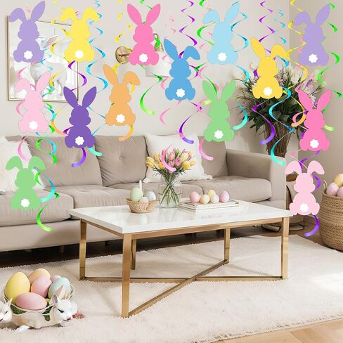 72 PCS Bunny Easter Hanging Dovirm Decirts Happy Bunny Hanging Dwirl Decorations Decorations Colorful Faster Party الحلي للمنزل لوازم العطلة المكتبية الداخلية in Kuwait
