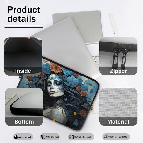 Blue Sugar Skull Women Orange Flower Laptop Sleeve Protective Computer Carrying Case for 10-17 inch Notebook/Tablet in Saudi Arabia