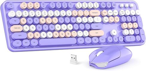 Wireless Keyboard and Mouse Combo, MOWUX - Modern Compact Layout, Colorful Compact Candy Mouse and Retro Round Keyboard Set with Cover, for PC/Laptop/Windows/Mac - Off-White Colorful in Saudi Arabia