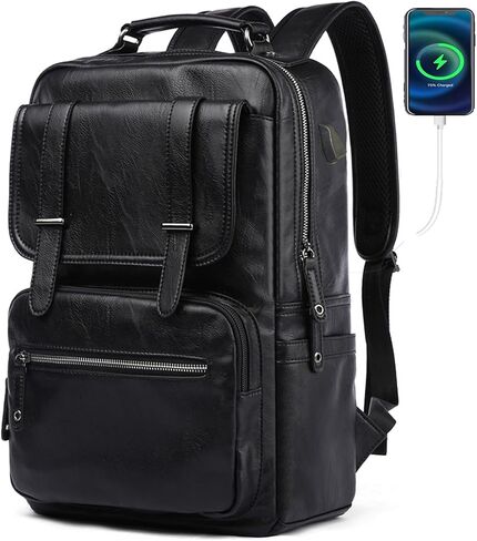 CHAO RAN Vintage Leather Laptop Backpack for Men, Large Waterproof Travel Black Rucksack, Work Knapsack Fit up to 16 inch Laptop, Business Backpack for commute College (Black) in Kuwait