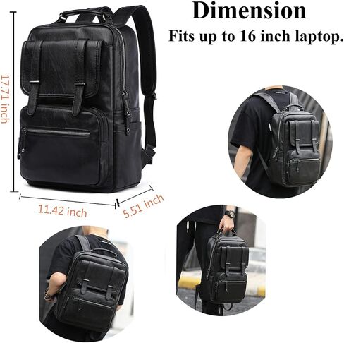 CHAO RAN Vintage Leather Laptop Backpack for Men, Large Waterproof Travel Black Rucksack, Work Knapsack Fit up to 16 inch Laptop, Business Backpack for commute College (Black) in Kuwait