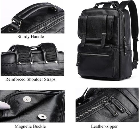 CHAO RAN Vintage Leather Laptop Backpack for Men, Large Waterproof Travel Black Rucksack, Work Knapsack Fit up to 16 inch Laptop, Business Backpack for commute College (Black) in Kuwait