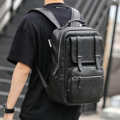 CHAO RAN Vintage Leather Laptop Backpack for Men, Large Waterproof Travel Black Rucksack, Work Knapsack Fit up to 16 inch Laptop, Business Backpack for commute College (Black) in Kuwait