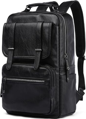 CHAO RAN Vintage Leather Laptop Backpack for Men, Large Waterproof Travel Black Rucksack, Work Knapsack Fit up to 16 inch Laptop, Business Backpack for commute College (Black) in Kuwait