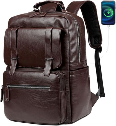 CHAO RAN Vintage Leather Laptop Backpack for Men, Large Waterproof Travel Black Rucksack, Work Knapsack Fit up to 16 inch Laptop, Business Backpack for commute College (Black) in Kuwait