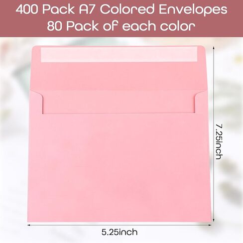 Zhanmai 400 Pack A7 Envelopes Bulk for Invitation 5 x 7 Self Adhesive Envelopes Gradient Colored for Gift Cards, Wedding, Greeting Letters, Mother's, Birthday Party 5.25 x 7.25 In, 120 GSM(Pink) in Kuwait