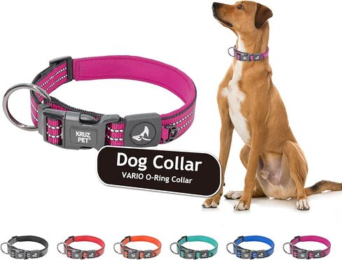 KRUZ PET KZV006-03M Reflective Dog Collar for Small, Medium, Large Dogs, 100% Nylon Adjustable Pet Neck Collar, Heavy Duty O-Ring, Soft, Comfortable Neoprene Padding - Red - Medium in Kuwait