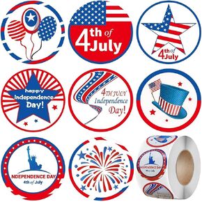 500 Patriotic Stickers, 1.5" Roll of 4th of July Stickers, 8 Designs for 4th of July Decorations Patriotic Decor Party Supplies