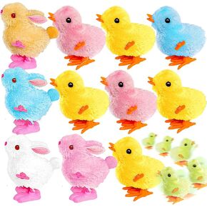 12PCS Wind Up Chicken Bunny Jumping Chicks Plush Hopping Rabbits Cute Wind-Up Toy for Kids Toddlers Easter Toys Birthday Gifts Party Favors