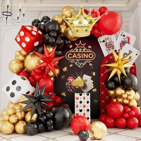 138 Pcs Casino Theme balloon garland arch kit - Red Black and Gold Balloons with Star Crown Dice Foil Balloons for Casino Night Las Vegas Birthday Graduation Party Decorations