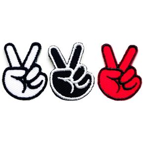 PL Set of 3 Tiny. Mini Two Fingers Peace Sign Biker Motorcycle Cute Cartoon Logo1 Sew Iron on Embroidered Applique Badge Sign Patch Clothing Costume