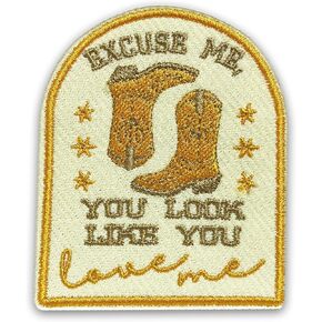 Cowboy Boot Excuse Me You Look Like You Love Me Patch 3 Inches Country Music Lyric Western Cowgirl Iron On/Sew On Embroidery Fabric Applique Patches for Trucker Hats Clothes Backpack DIY Accessories
