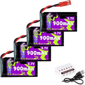 900mAh 3.7V 932540 Lipo Battery with JST Plug for MJX Syma Holy Stone Sky Viper RC Quadcopter Drone X56W X400 X400W X300C X400C X800 HS110 HS200 S670 V950hd S1750 V2450-4Pcs with Chargrer