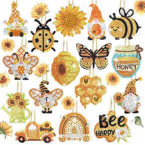 Whaline 16Pcs Spring Summer Diamond Drawing Keychain Kit Sunflower Bee Gnome Butterfly Truck Rainbow DIY Diamond Painting Pendant Rhinestone Mosaic Making Full Drill Diamond Keychain for Crafts Gifts