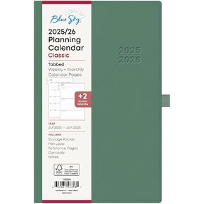Blue Sky 2025-2026 Weekly and Monthly Academic Year Planner Calendar, July 2025 - June 2026, 5" x 8", Faux Leather Hard Cover, Bookbound, Laminated Tabs, Storage Pocket, Rio Green