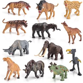 Mini Prehistoric Mammals Animals Toys Set 12PCS Animal Figures Wildlife Figurines Woolly Mammoth Saber-Toothed Tiger Model Dire Wolf Figure Kids Birthday Gift
