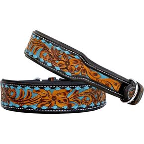 Leather Dog Collar Western Style Heavy Duty Hand Tooled Adjustable Padded Soft for Puppies and Big Dogs 10AB110-M