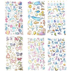 SAVITA 3D Stickers for Kids & Toddlers, 300+ Puffy Stickers, 6 Different Sheets, Epoxy Stickers for Scrapbooking Journal, Including Cats, Dolphins, Shell, Seahorse, Jellyfish, Drifting Bottle