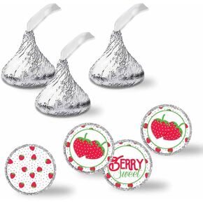 Berry Sweet Strawberry Birthday Kiss Sticker Labels for Kids, 300 Party Circle Sticker Sized 0.75" for Chocolate Drop Kisses by AmandaCreation, Great for Favors, Treats, Envelope Seals & Goodie Bags
