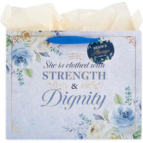 Christian Art Gifts Large Landscape Scripture Gift Bag, Tag & Wrapping Tissue Paper Set for Women: Strength & Dignity Inspirational Bible Verse, Cute Elegant Florals, Gold Foil, Satin Handles, Blue